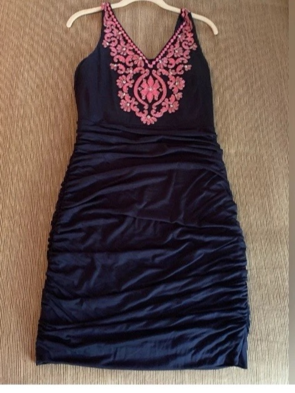Solid Blue w/Embroidery Ruched Sides Stretchy Dress ~Large